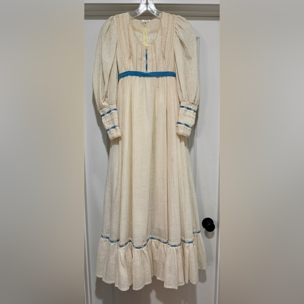 Vintage‎ Handmade Ecru Cotton Gunne Sax Style Dress with Blue Velvet Trim